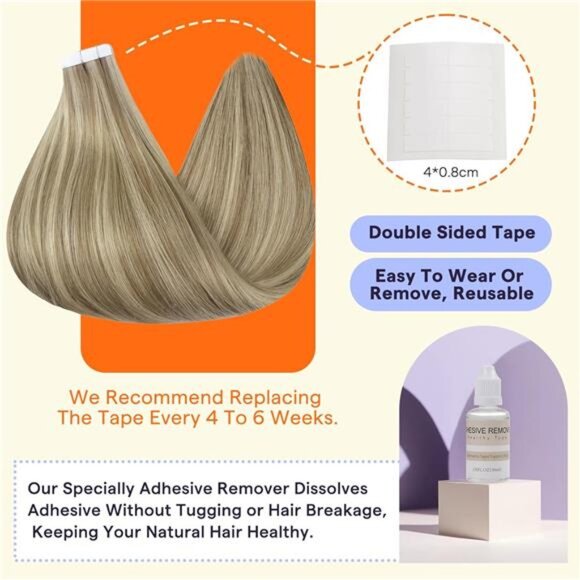 Full Shine Tape in Hair Extensions Human Hair 18 Inch Color 16 Highlight 22